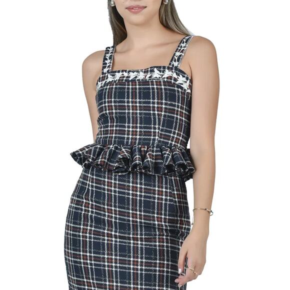 FANM MON Tweed Tartan Plaid Embroidered Square Neck Peplum Top XS NWT - Picture 2 of 9